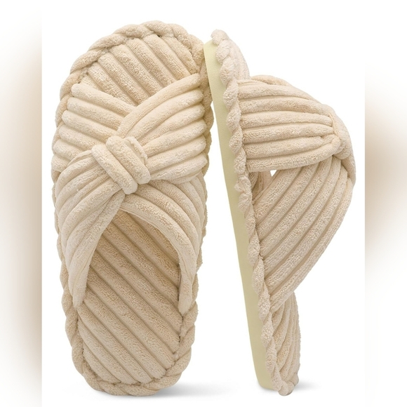 Women's Cross Band Bow Slippers Cozy Open Toe House Shoes Corduroy, BEIGE - Picture 3 of 9